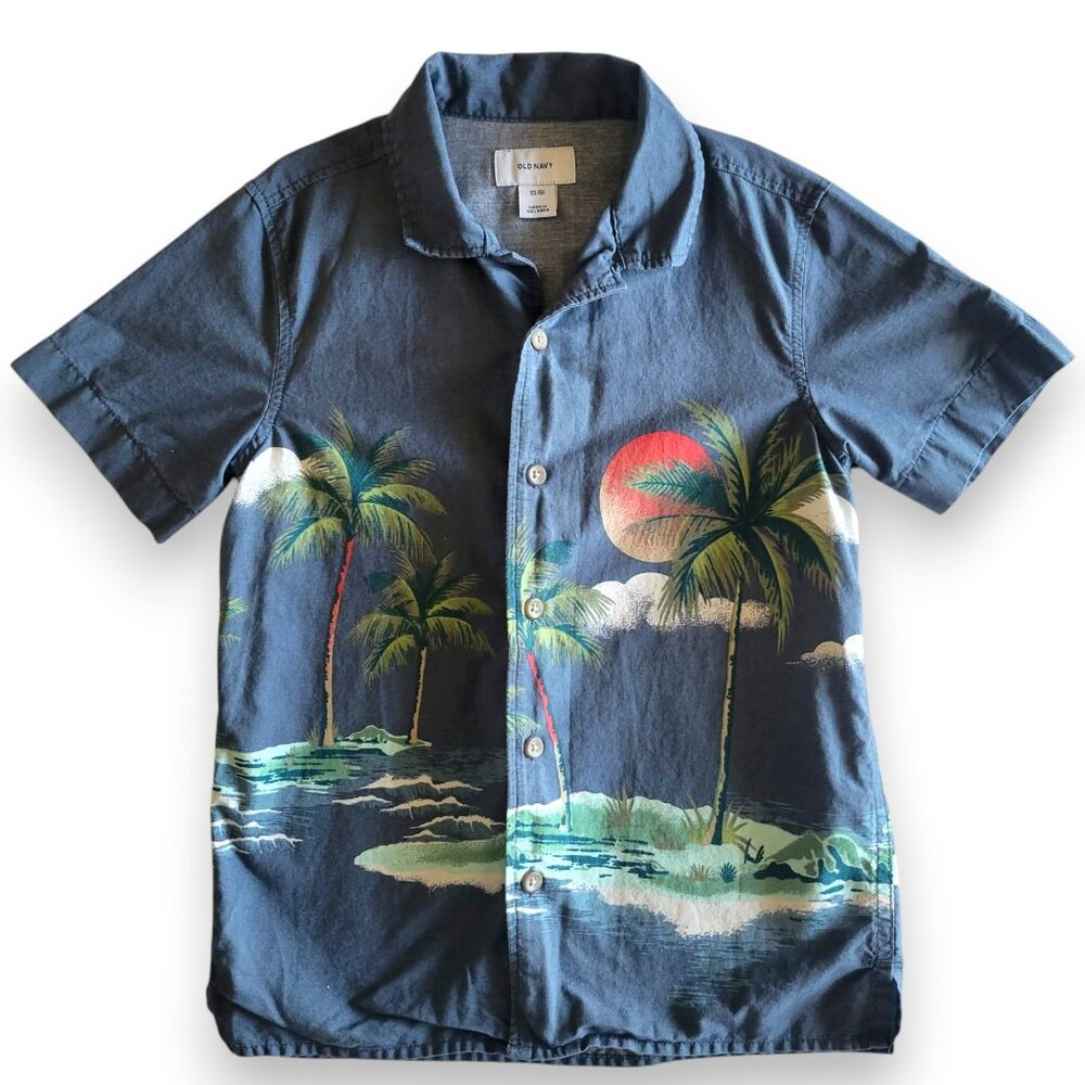 Old Navy Boys Tropical Button Up Shirt XS 5 Palm Tree Island Print Summer Beach